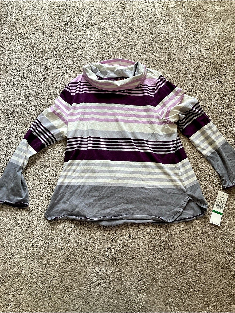 Ruby Rd. Keep It Casual Stripe Cowl Neck Top. Purple & Gray Large